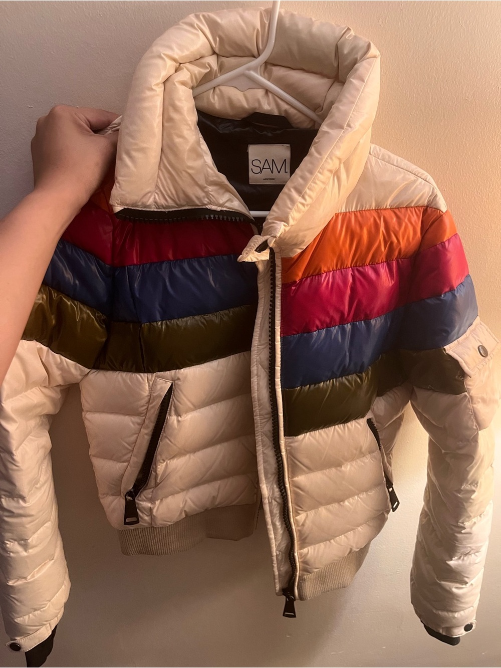SAM. Cream Puffer Jacket with Rainbow Stripe Panels